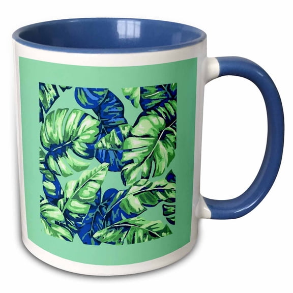 3drose, Tropical Leaves Camouflage of Banana and Monstera 2, 11oz Two-tone Blue Mug