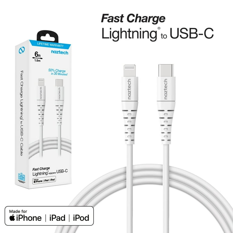 Naztech PD MFI Lightning to USB-C Cable 6ft White (14295-HYP