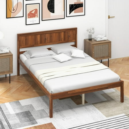 Image of Twin/Full/Queen Size Bed Frame with Wooden Headboard and Slat Support-Full Size