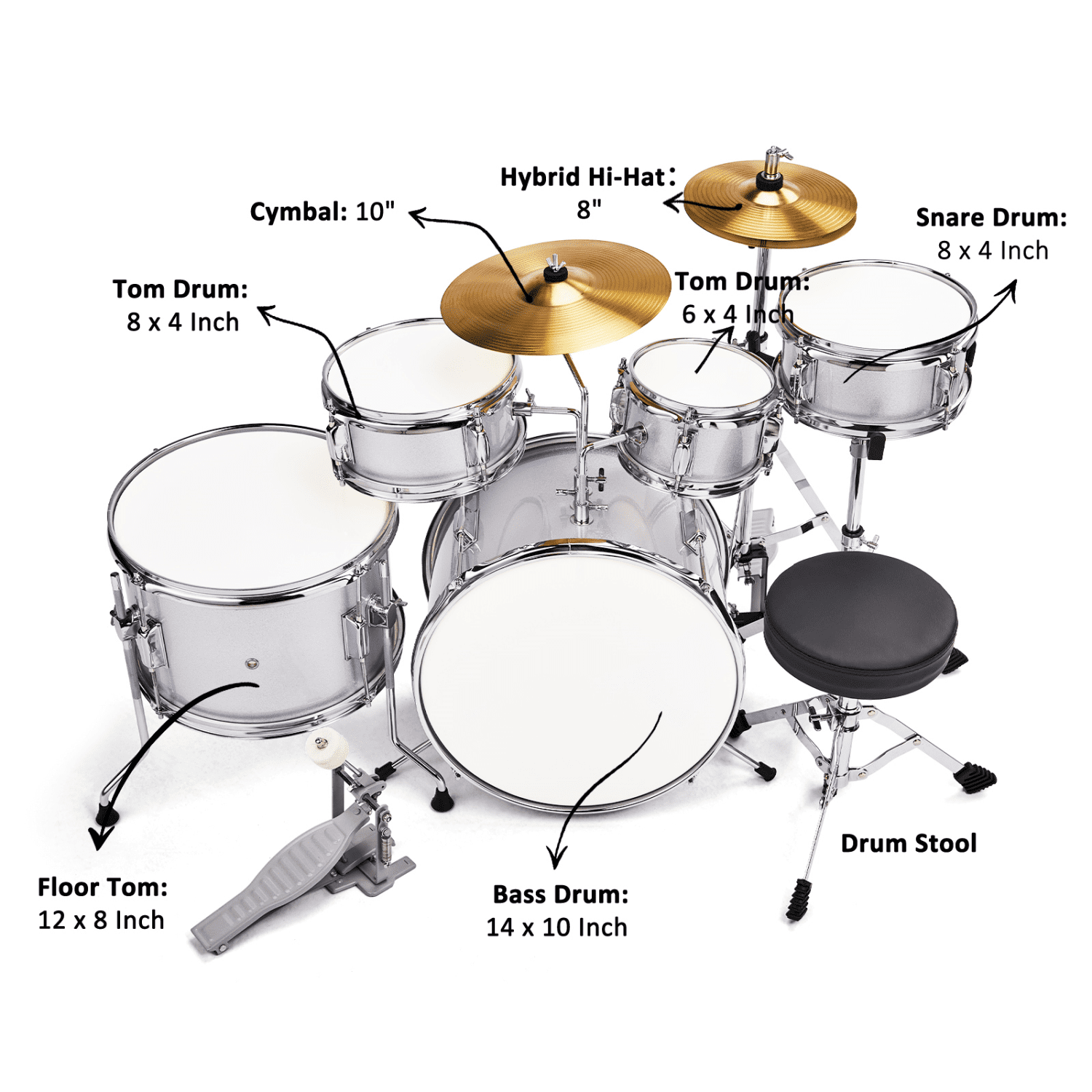 Hassch 5-Piece Beginner Drum Set Junior Kit, Starter Percussion Set with Cymbals, Pedal, Tom, Snares, Drumsticks and Stool, Silver