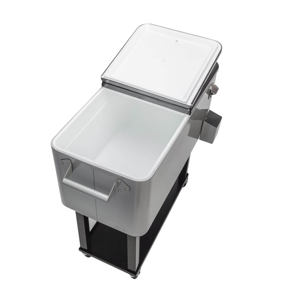 SYNGAR 80 Quart Rolling Cart on Wheels, Portable Ice Chest with Shelf, Bar Drink Cooler, Beverage Cooler with Bottle Opener and Drain Plug, for Party Patio Poolside Camping, Silver, D7208