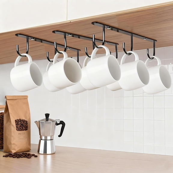 3pcs Under Cabinet Mug Hooks, Adhesive/Screw 2 Ways Install Mug Holder, Coffee Cups Hook with 9 Hooks, Mug Organization Rack for Displaying Mugs/Cups/Kitchen Utensils (Black)