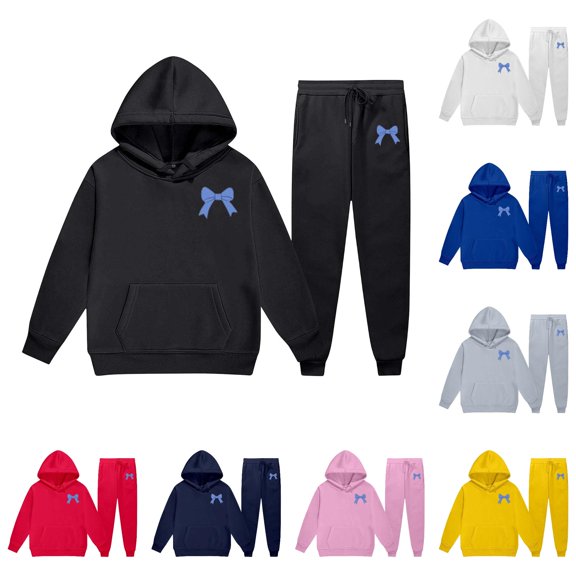 XAOFW Kids Cozy Hoodie Outfits Long Sleeve Bowknot Print Hooded Sweatshirt And Pants For Boys Girls 2 Piece Back To School Casual Tracksuit Sets Comfortable Clothes Sets 2-3 Years