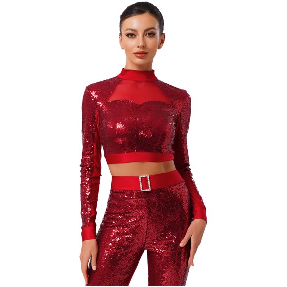 renvena Sequin Crop Top for Womens Dance Shirt Long Sleeve Sequin Performance Crop Top Disco Burgundy M
