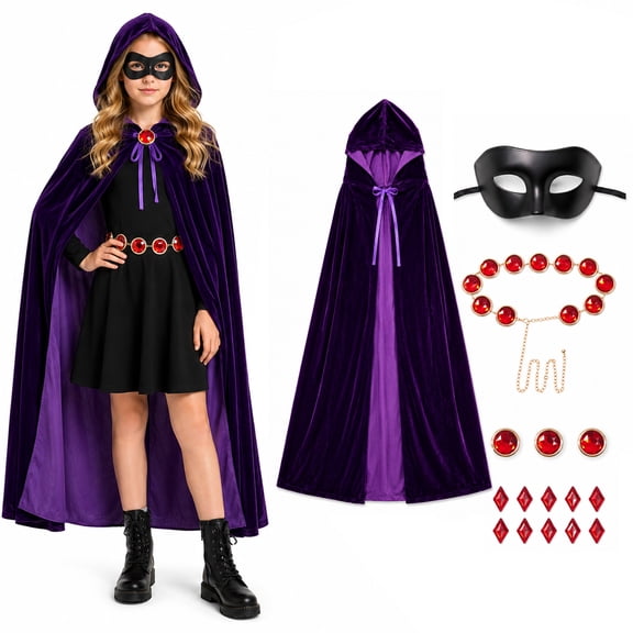 BUXULYP 5PCS Kids Raven Costume Girls Raven Purple Velvet Cloak Witches Cape Red Gem Black Mask Anime Cosplay Halloween Costumes