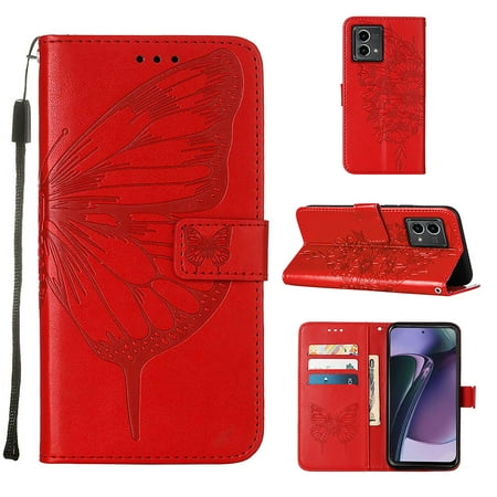 TECH CIRCLE for Motorola Moto G Stylus 5G (2023) Wallet Case, Embossed Butterfly PU Leather Credit Card Holder Slots Full Body Protection Kickstand Flip Folio Shockproof TPU Phone Cover,Red