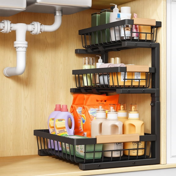NUBILY Under Sink Organizer, 1-Pack 3-Tier Height Adjustable Thickened Metal Pull out Cabinet Organizer Shelf, Slide out Storage Drawer Rack for Bathroom Kitchen Pantry Home Organization, Black
