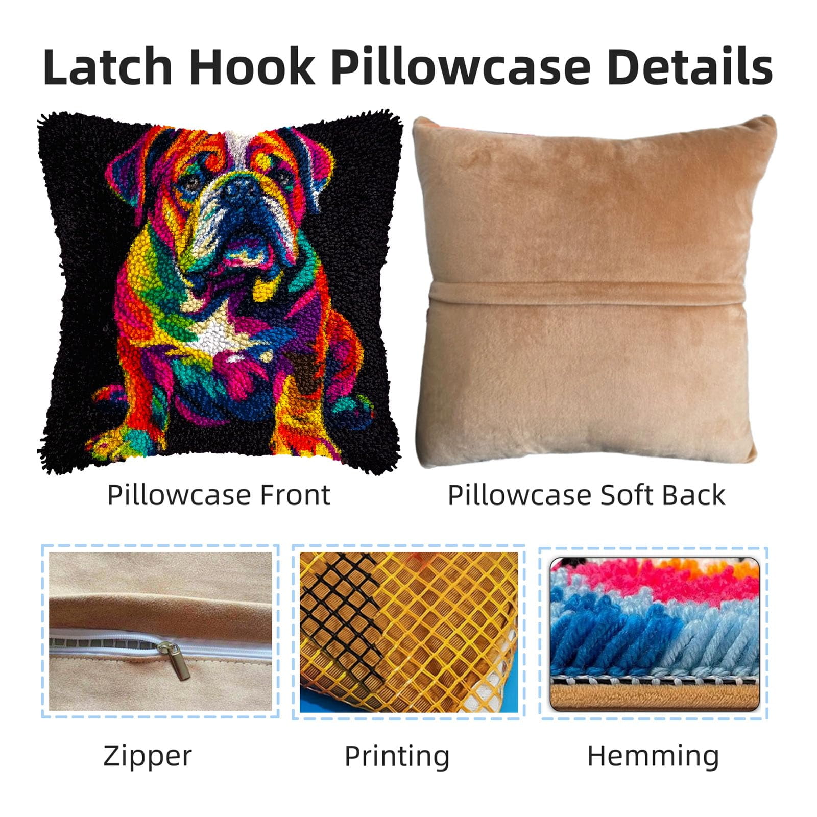 DIY Latch Hook Pillow Kits Rainbow Colorful English Bulldog Printed Pillowcase Crochet Yarns Hooking Handmade Pillow Cover Cushion for Home Sofa Decoration 17x17inch-8