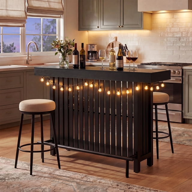 U_Style-CA 3-in-1 Dining Table, Counter Height Table & Bar Table with Wine Storage,Modern Top Kitchen Island Table with Footrest and 2-Tier Wine Rack, Suitable for Dining Room, Kitchen & Home Bar