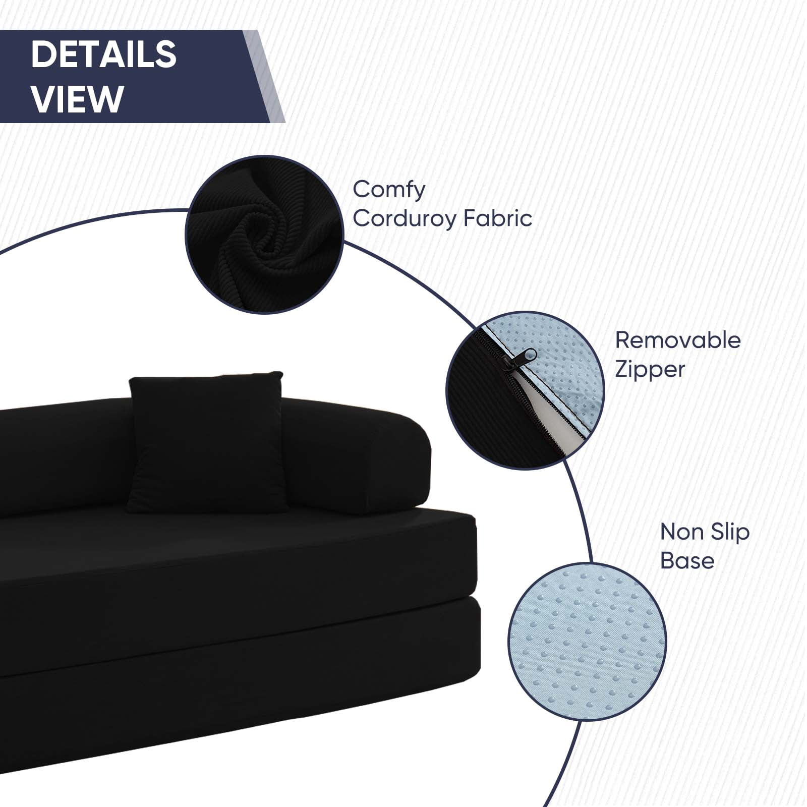 ZAFLY Folding Sofa Bed | Convertible Futon Sleeper Couch | Modern Floor Mattress | Corduroy Sofas and Couches for Living Room - Black