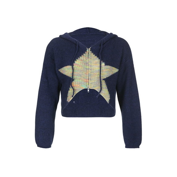 Gureui Women's Fashion Cropped Sweater Cardigan Stars Pattern Long Sleeve Contrast Color Zipper-Up Knit Hoodie Open Front Pullover Tops Streetwear