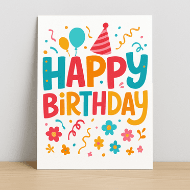 Happy Birthday Card – Colorful Fun Design with Balloons and Flowers – Perfect for Celebrations, Blank Inside for Personal Messages – Ideal Greeting Card for Friends and Family
