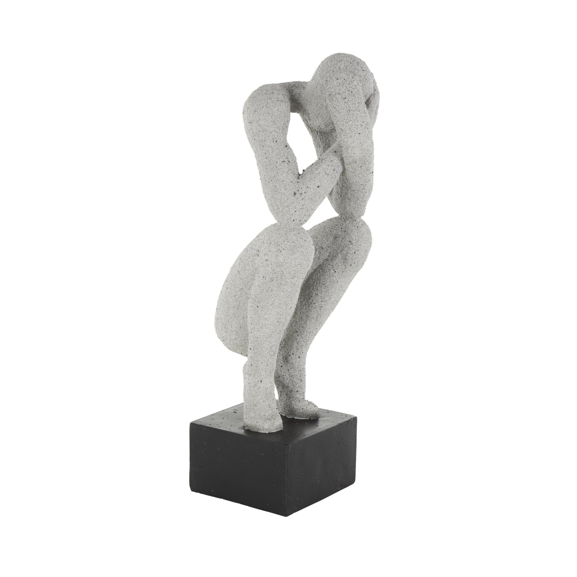 6" x 19" Gray Polystone Crouching People Sculpture with Black Square Base, by DecMode