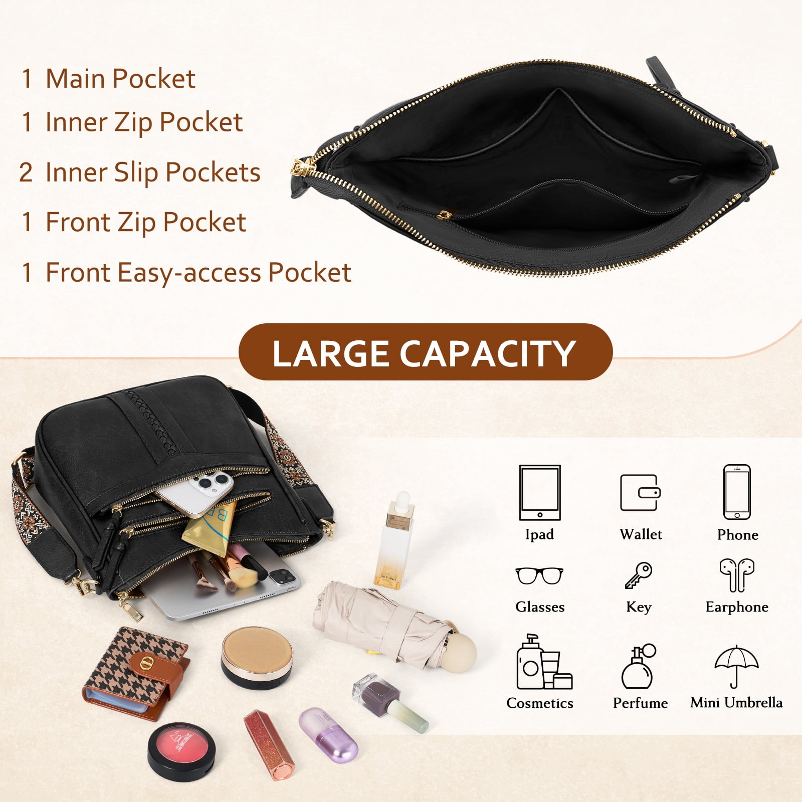 RAINSMORE Crossbody Bags for Women Leather Shoulder Handbags Trendy Crossbody Purses Soft Lightweight Travel Purse,Black