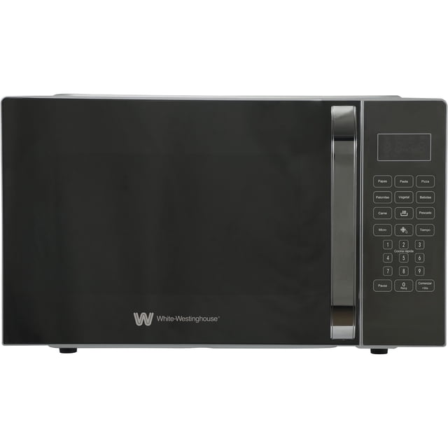 white westinghouse horno de microondas 1.1 pies modelo wwcr3011oomirwe display led interior gris manija de puerta-control de membrana plato giratorio descongelado: Vista frontal de microondas color plata con acabado espejo y logo White-Westinghouse en la parte inferior izquierda; puerta reflectante con manija vertical integrada a la derecha, panel derecho con display LED y botones de control de membrana, patas pequeñas y plato giratorio interior de 31.5 cm. Suele usarse también para descongelar y recalentar comidas.