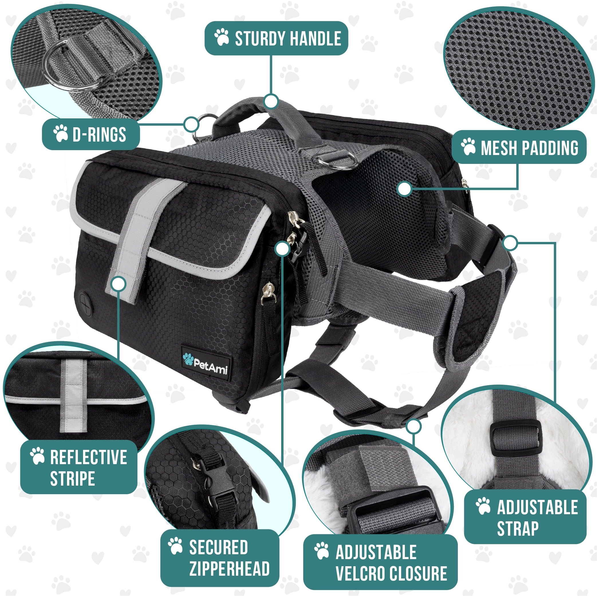 PetAmi Dog Backpack Saddle Bag for Medium Large Dogs, Dog Saddlebag for Dogs to Wear, Harness Saddlebag for Hiking with Reflective Safety Side Pockets, Vest Dog Pack for Camping Travel (Black, Large)