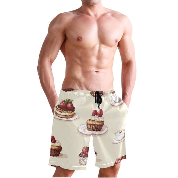 Ckdifva Pixel Cakes and Coffee Men's Board Shorts Swim Trunks Drawstring Summer Beach Golf Shorts Quick Dry with Pockets