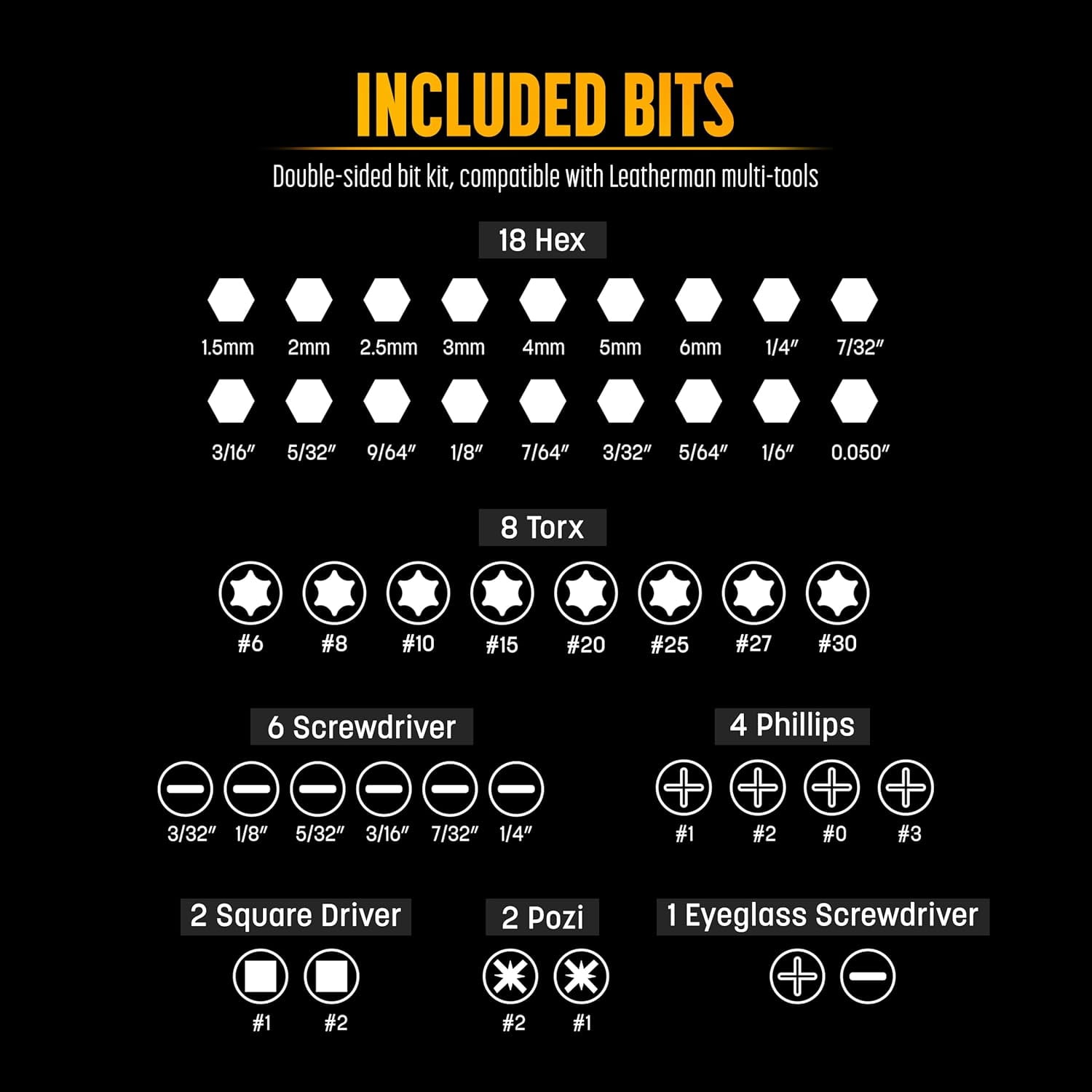 Galvanox 23PC Accessories Set, Compatible with Leatherman Multi-Tools [59HRC] Hardened Double-Sided 21 Piece Bit Kit with Driver Extender, Hex Adapter and Sheath Holder (Black)