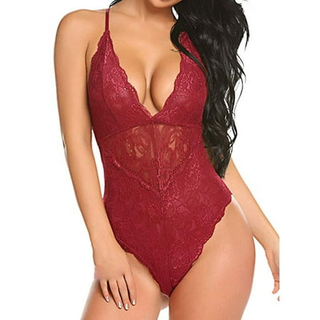 SAYFUT Women s Deep V Sexy Lace Bodysuit One Piece Lingerie Teddy Underwear Babydoll Miniskirt Black/Red