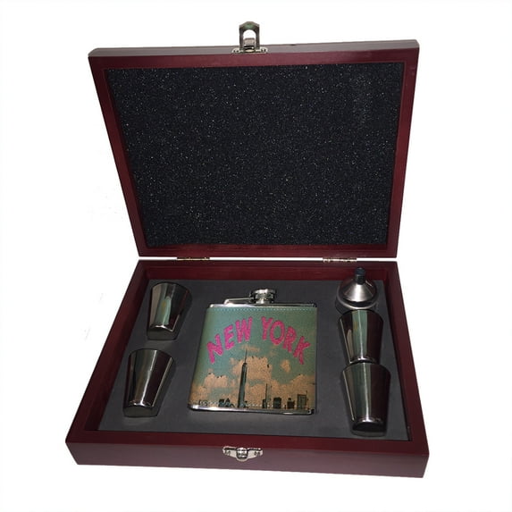 KuzmarK 6 oz. Leather Flask Set in Rose Wood Presentation Box - New York Manhattan
