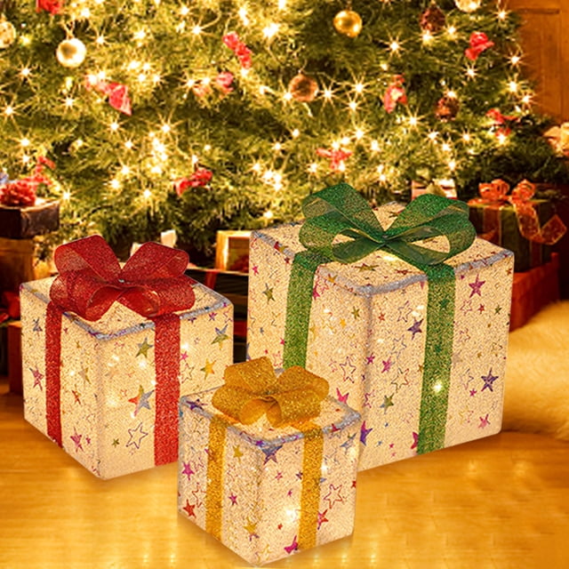 3 uds Cajas de regalo de Navidad luces 50LED caja de cubo de iluminación cajas iluminadas de Navidad