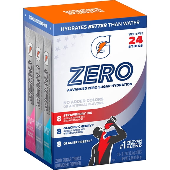 Gatorade Zero Sugar Strawberry Ice, Glacier Cherry and Glacier Freezee, On the Go Packs, Electrolyte Powder Drink Mix, 0.12 oz, 24 Sticks