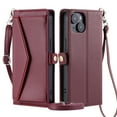 thumbnail image 2 of Compatible with iPhone 15 Envelope Style Wallet Case, with Wrist Strap and Crossbody Strap, Flip Card Holder Stand Rugged Cell Phone Cover for iPhone 15 Women Men - Winered, 2 of 10