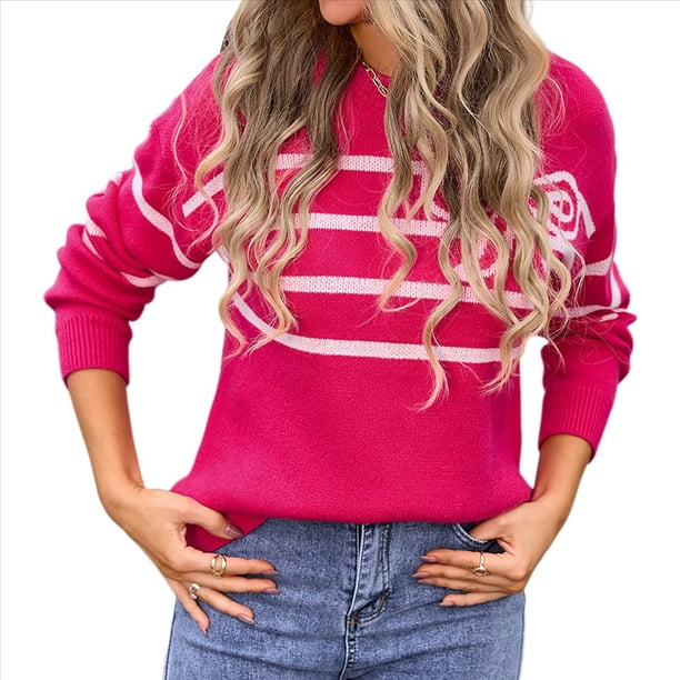 Suéter de Punto para Mujer, Larga, Cuello Redondo, Estilo Y2K, Informal Rosa Roja L