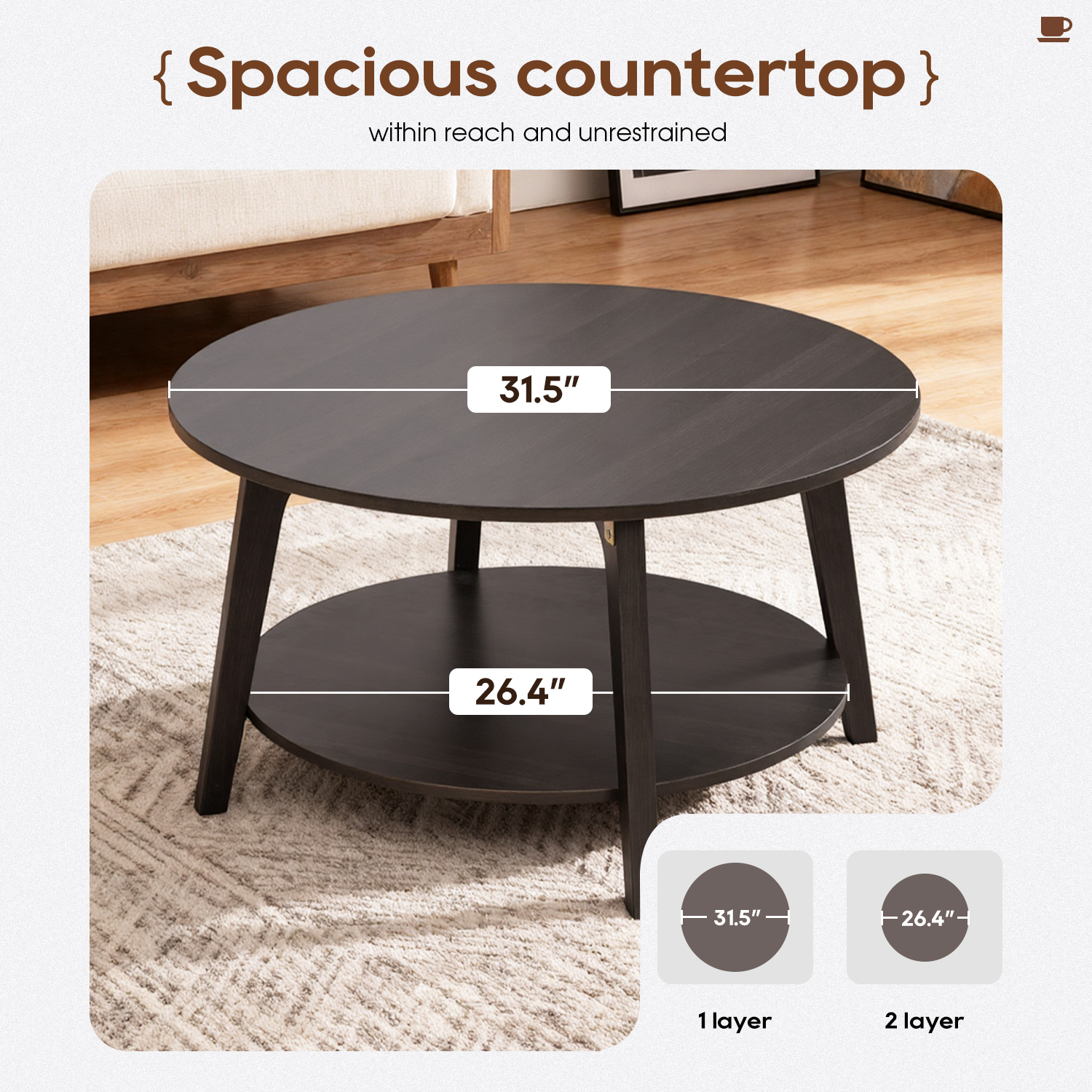 FDW Round Coffee Table with Storage and Sturdy MDF Top & Tapered Legs,Grey