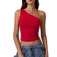 thumbnail image 3 of Women's One Shoulder Tank Tops Double Lined Sleeveless Slim Fit Cropped Tee Shirt Y2k Tops Off Shoulder Slim Fit Crop Top Beach Vacation Outfits Womens Tops Red S, 3 of 5