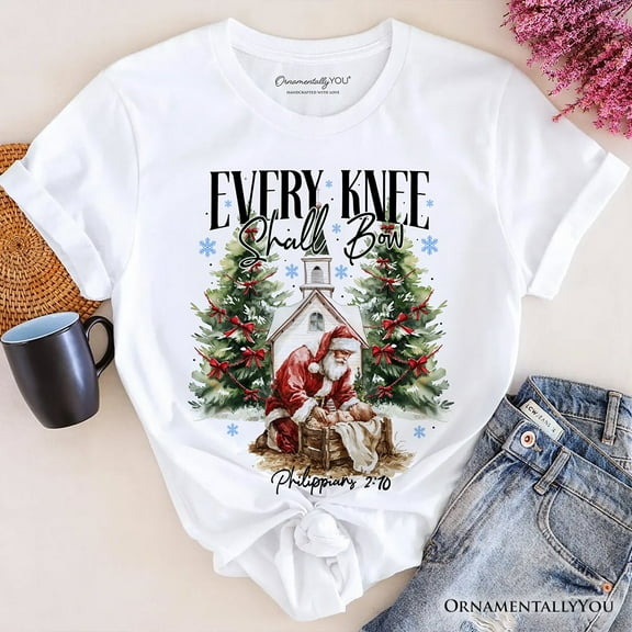 Every Knee Shall Bow Nativity Santa T-Shirt, Jesus Philippians 2:10 Christian Christmas Tee