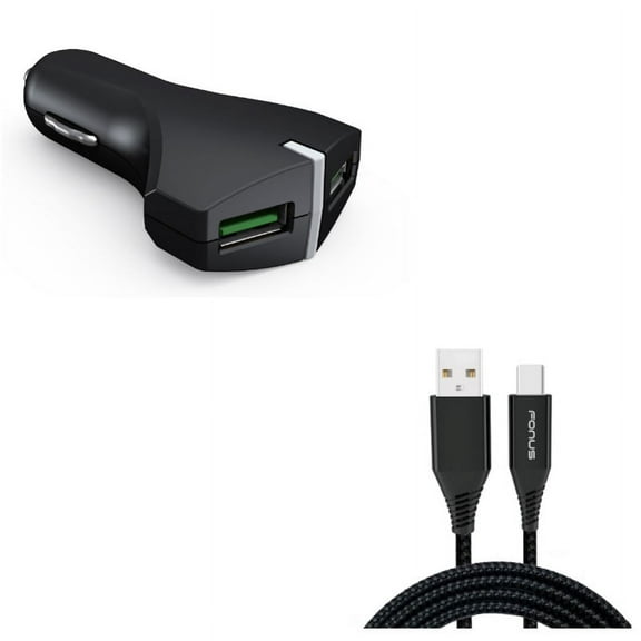 2-Port USB 36W Fast Car Charger w Charger Cord Type-C 10ft USB Cable E2D for Acer Liquid Jade Primo - Alcatel PulseMix, 7, Idol 5S 5 4S - ASUS Zenfone V Live, ROG Phone, AR 6 5z 4 Pro