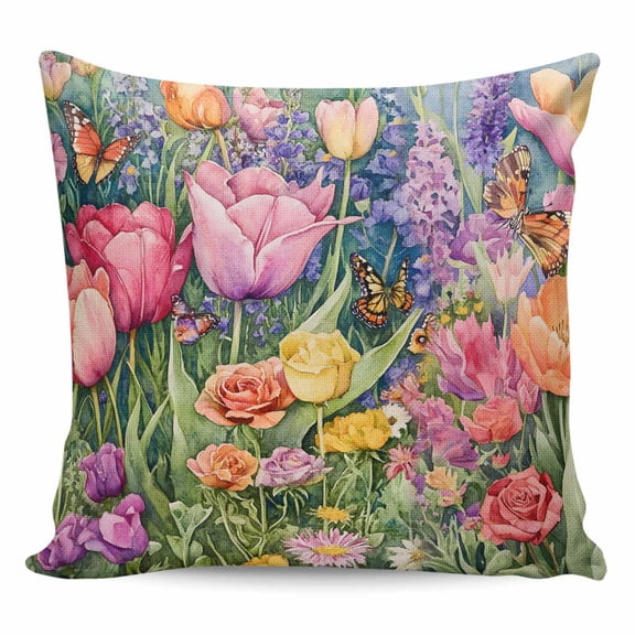Throw Pillow Covers 24x24 Inch, Red Yellow Floral Decorative Pillow Cases for Couch Sofa Bed, Spring Lavender Leaves Botanical Pastoral Cotton Linen Square Home Decor Pillowcases with Hidden Zipper
