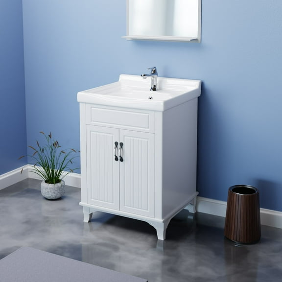 Adeline Cabinet Vanity Sink White Wooden 24.25" W Large Freestanding Bathroom Sink Combo w/Cabinet, Basin Sink, Overflow, Drain, Backsplash Renovators Supply
