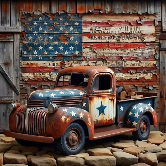 5D Truck Diamond Art Kits for Adults Beginners,DIY Full Round Drill Diamond Painting Kits American Flag, Diamond Dot Gem Art Kits for Home Decor 12 X 12 Inch