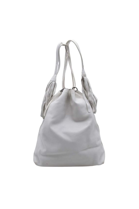 Pre-Owned BOTTEGA VENETA Drawstring Shoulder Bag, Leather with Fringe, White, Old... (Good)