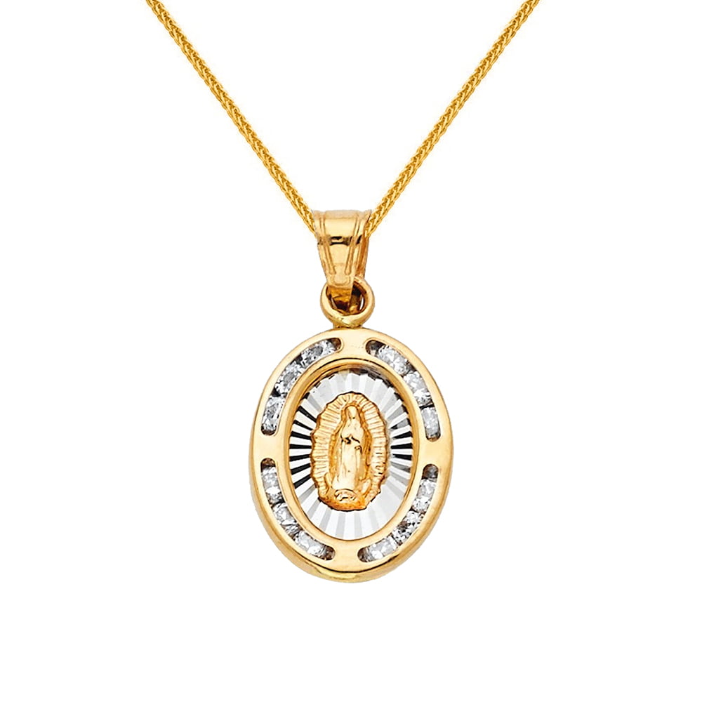 14k Yellow Gold Cubic Zirconia Guadalupe Medallion Pendant with 0.8-mm Square Wheat Chain