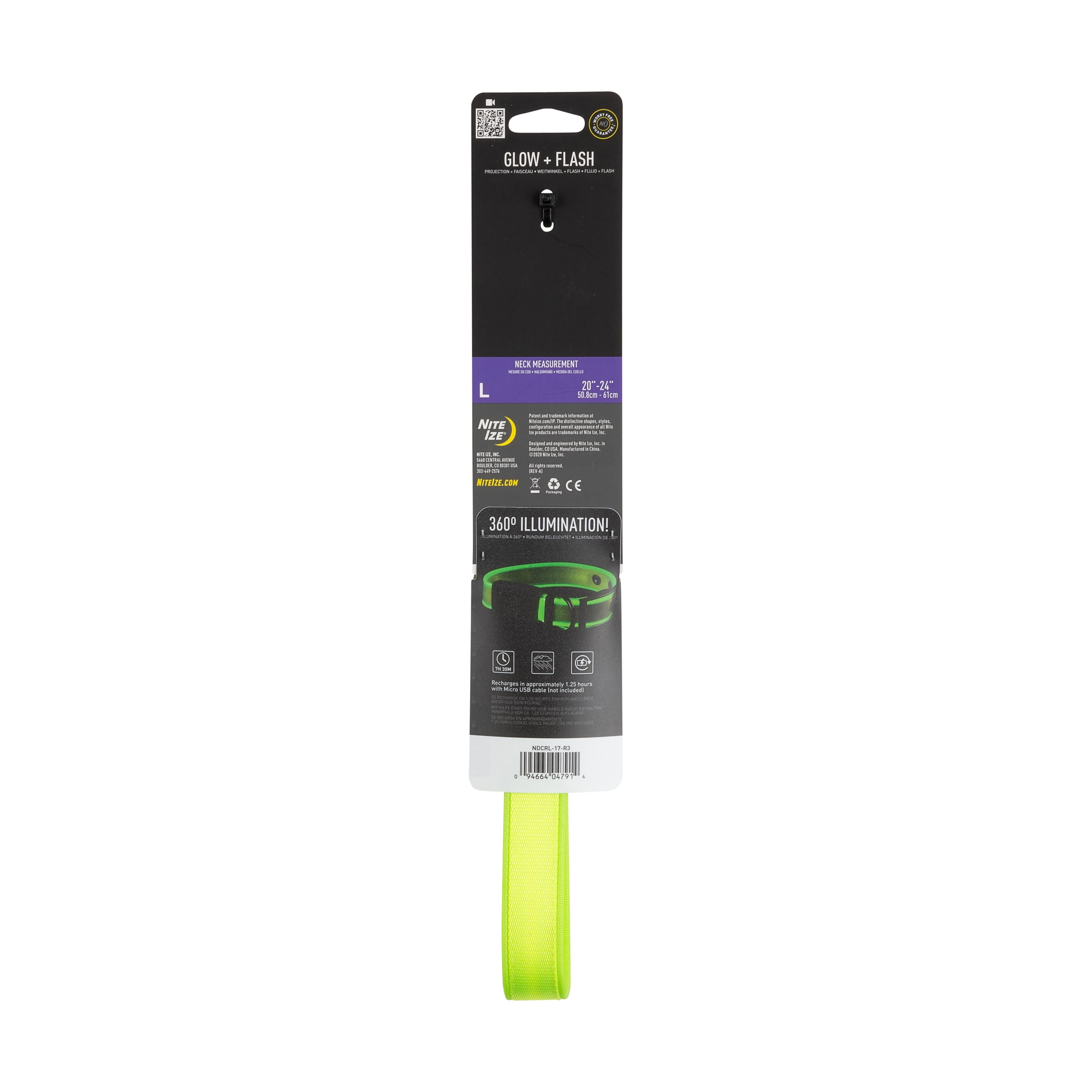 Nite Ize NiteDog Rechargeable LED Collar, USB Rechargeable Light Up Dog Collar w/Metal Buckle, Water Resistant, Large, Lime