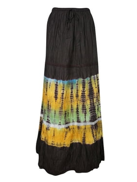 Mogul Womens Gypsy Hippie Chic Long Skirt Tie Dye Cotton Tiered Crinkle Summer Flirty Long Skirts S/M/L