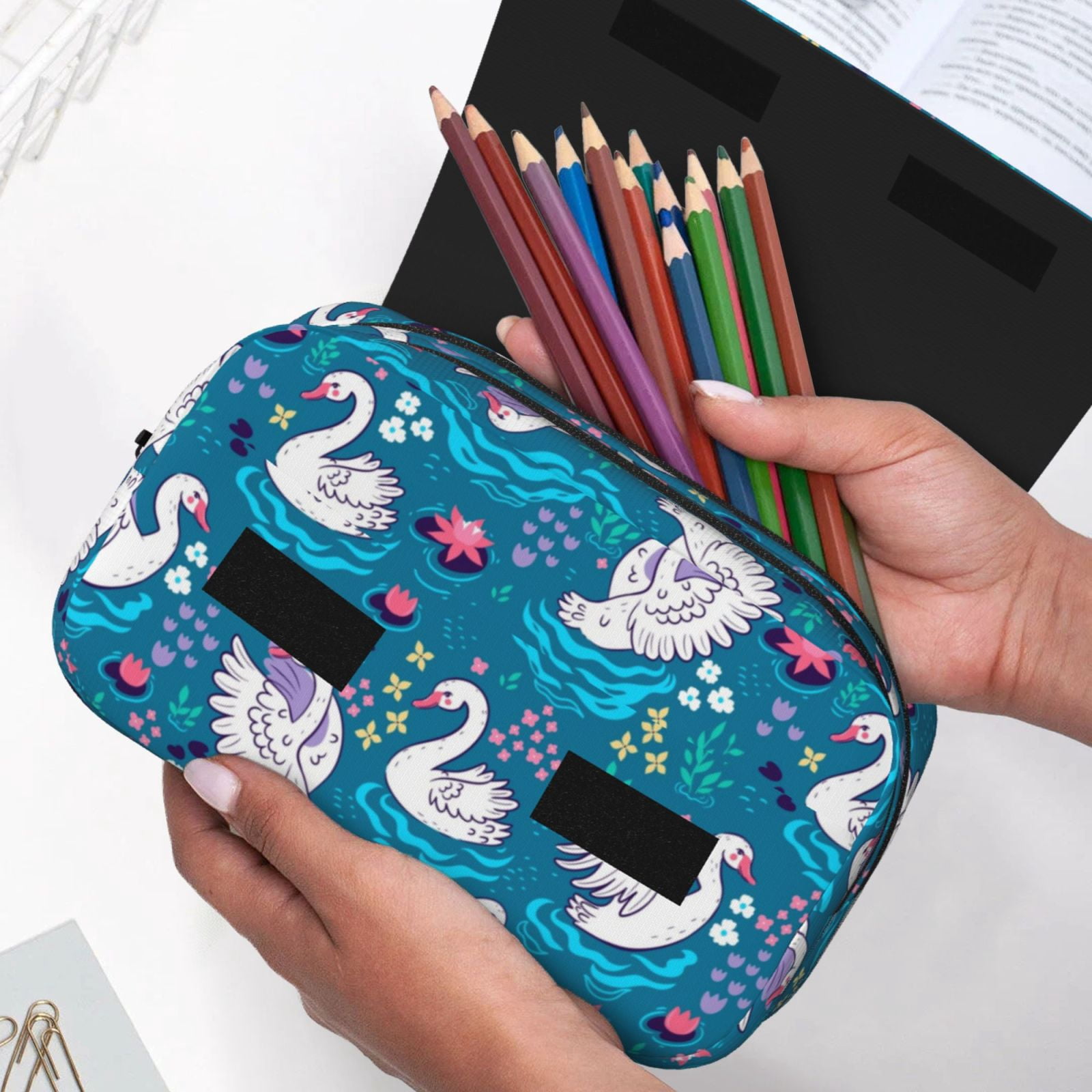 Rateoe Swan On The Pond Pattern Double Clamshell Pen Case, Storage Organizer with Two Zipper Compartments– Holds Up to 50 Pencils & Pens