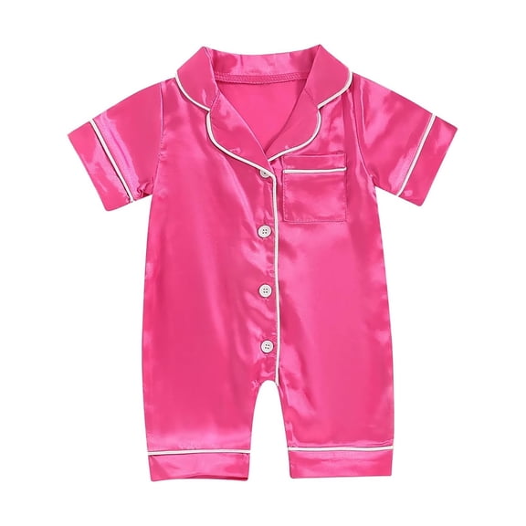 Xudanell Baby Girl Boy Summer Button Down Silk Satin Pajamas Romper One-Piece Jumpsuit Short Sleeve Nightgown Pjs Sleepwear (Hot Pink, 3-6 Months)
