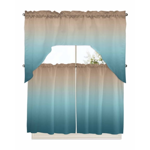 Ombre Blue Green Brown Kitchen Curtains Swag Valance and Tier Curtains Set 36 Inch Length, Colorful Painting Rod Pocket Drape Panels Pair Swag Curtains for Bathroom/Cafe/Window