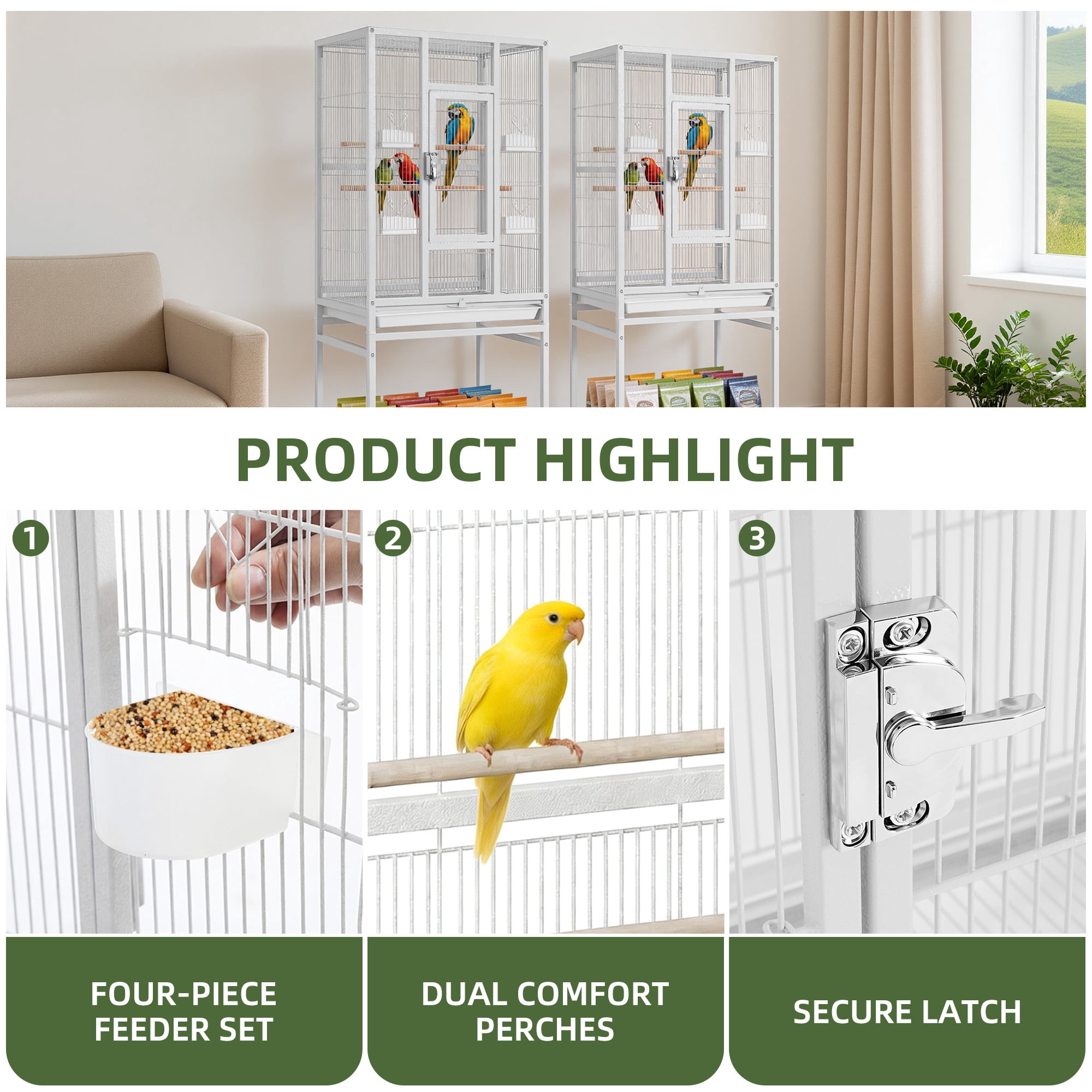 Uforic 53" White Metal Birdcage with Rolling Stand, 2 Perches & 4 Feeders for Small-Medium Birds
