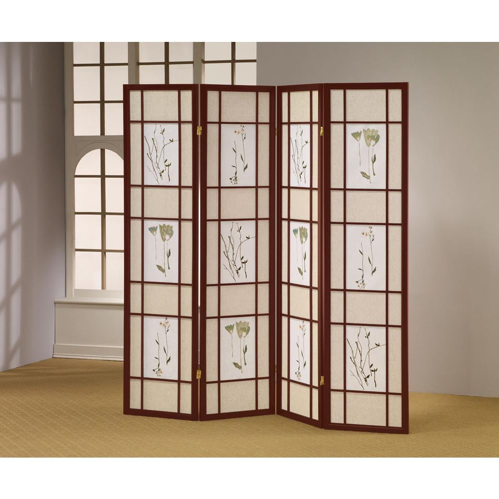 3 Panel Floral Shoji Screen, Rosewood Frame Room Divider
