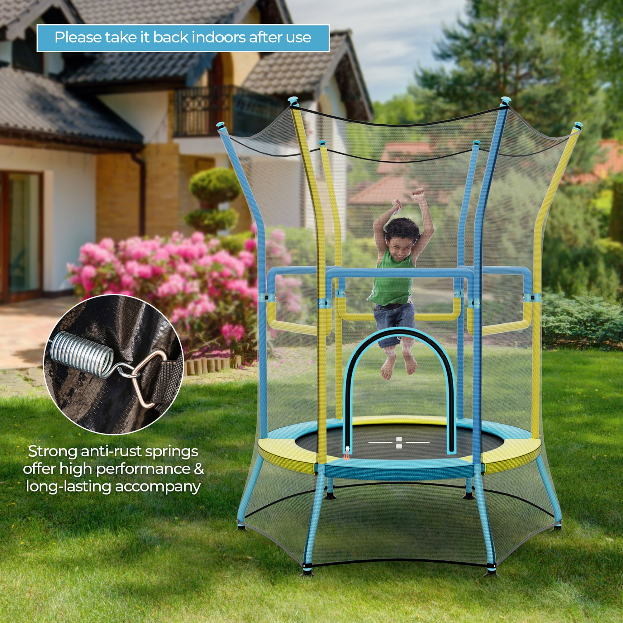 Gymax Kids Mini Trampoline w/ 59'' Higher Enclosure Net Seamless Jumping Mat Zipper Door Yellow & Blue