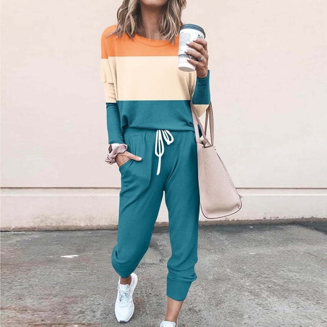 Qetyuw Womens Plus Size 2 Piece Tracksuit Set Long Sleeve Shirts and Drawstring Joggers Color Block Loose Fit Lounge Sets Fall Outfits