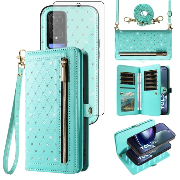 Asuwish Phone Case for TCL 50 5G/50 XE NXTPAPER/50 XE 5G Zipper Wallet Detachable Cell Cover with Tempered Glass Screen Protector Crossbody Lanyard Strap Glitter Flip Card Holder Slot Women Green