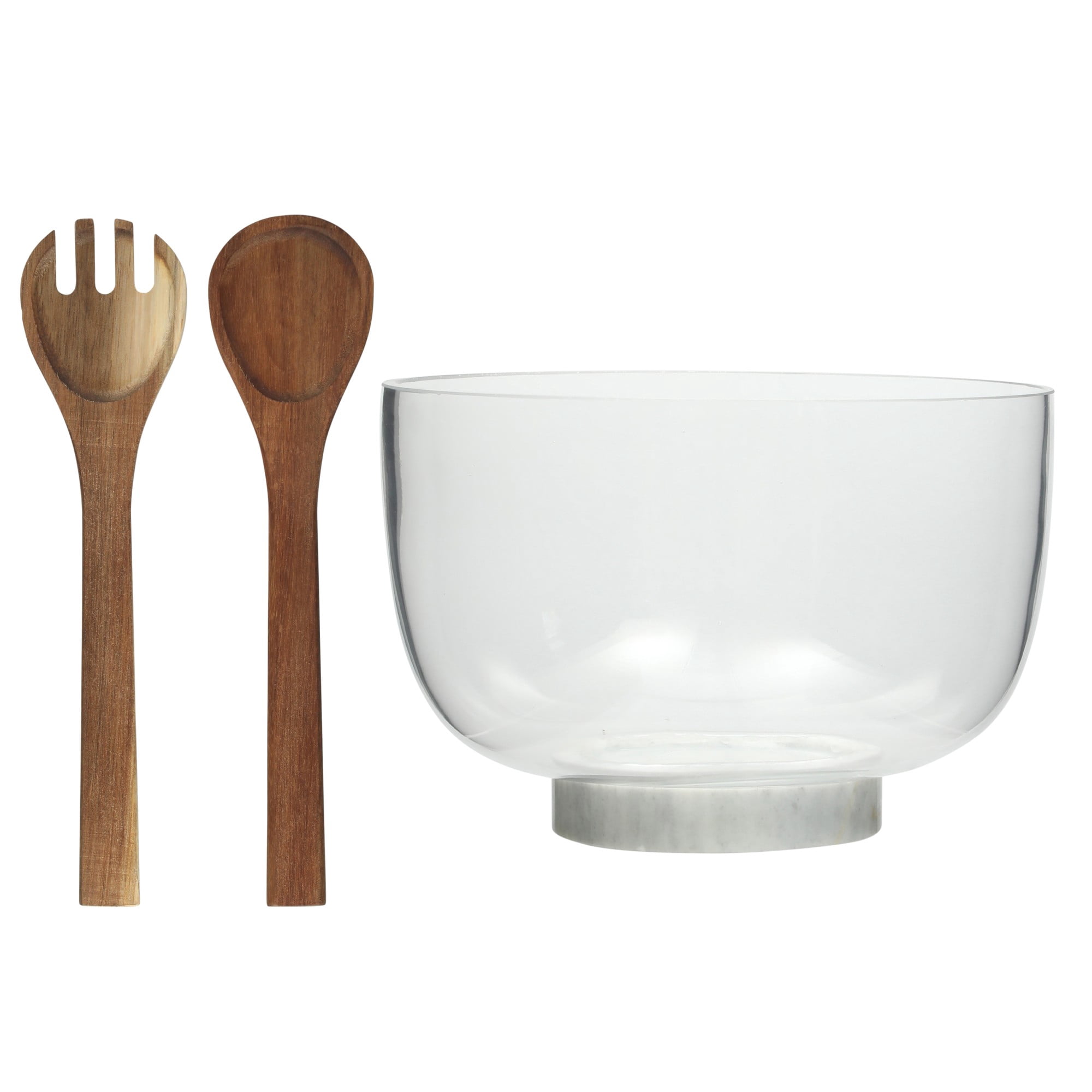 Gibson Elite Wildgreens Large Glass Salad Bowl Set with Marble Base and Acacia Serving Utensils