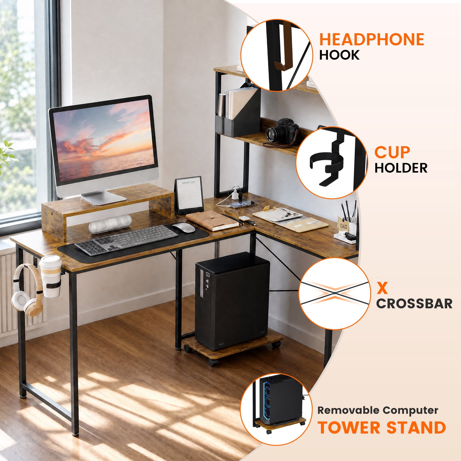 CLOUDREST PTO 53" L-Shaped Office Desk with Hutch & Power Outlets, Brown