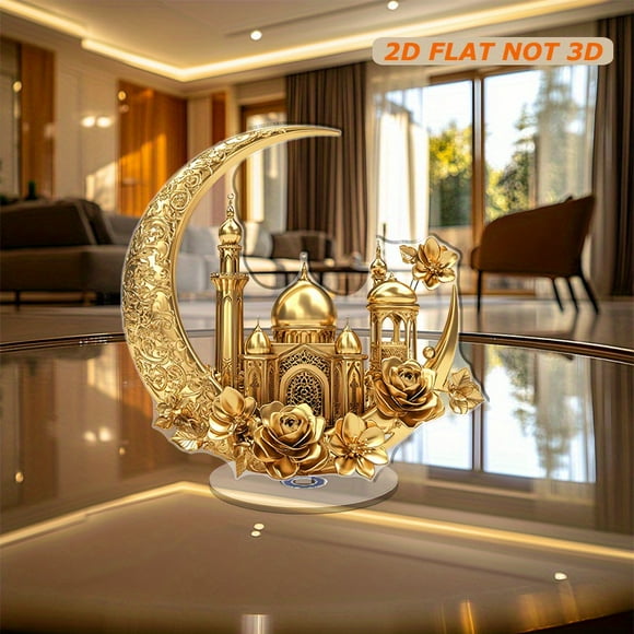 A rotating acrylic display featuring a gold Ramadan moon with mosque and lantern decorations alongside gold flowers and crescent details